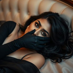 A sexy Indian woman in a captivating mistress outfit, reclining on an elegant bed