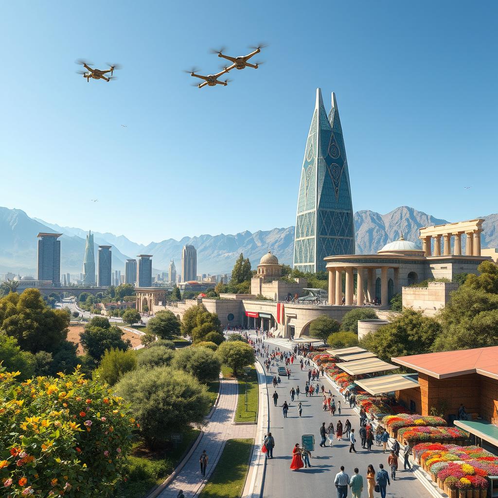 A futuristic depiction of a vibrant Iran, showcasing advanced architecture combined with traditional Persian elements