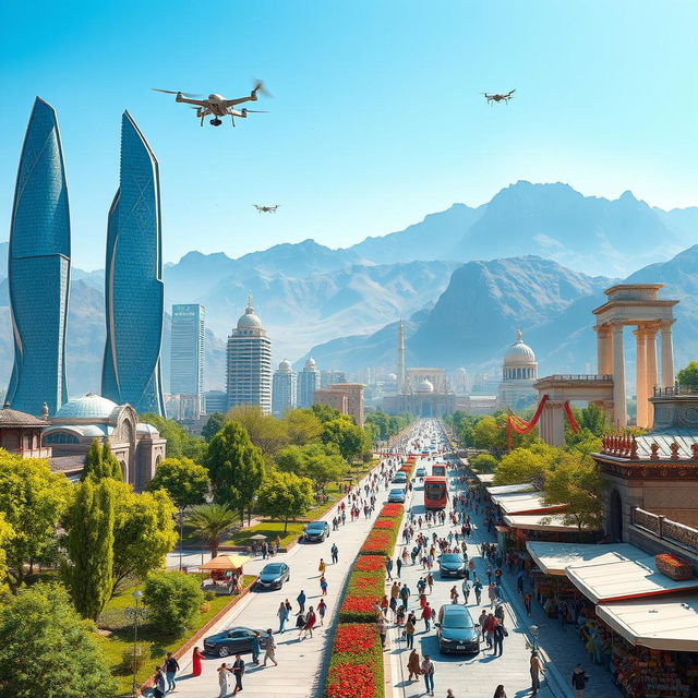 A futuristic depiction of a vibrant Iran, showcasing advanced architecture combined with traditional Persian elements