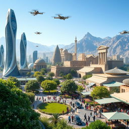 A futuristic depiction of a vibrant Iran, showcasing advanced architecture combined with traditional Persian elements