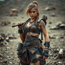 Lee, a fierce female raider, stands assertively in a barren, post-apocalyptic setting