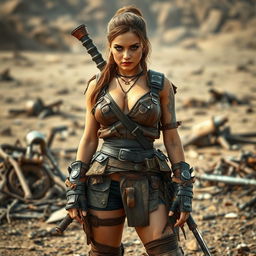 Lee, a fierce female raider, stands assertively in a barren, post-apocalyptic setting