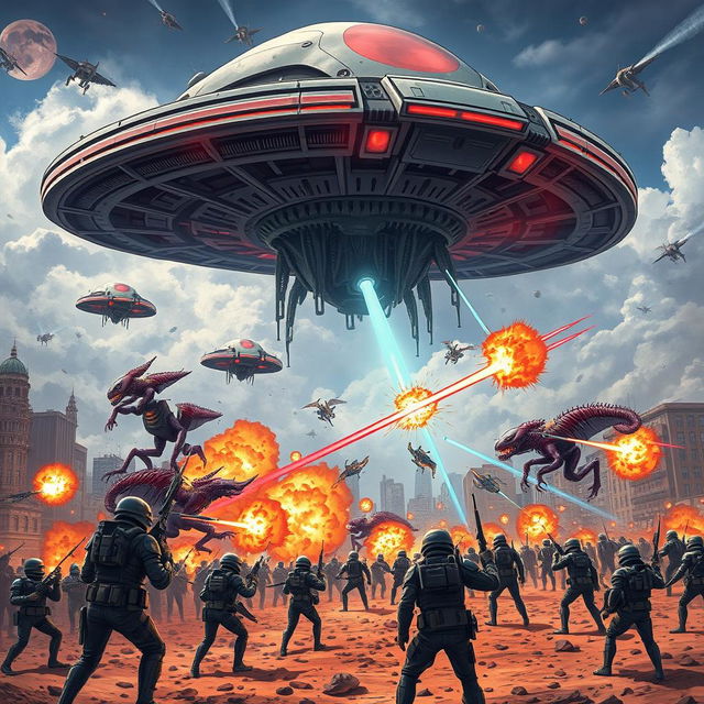 A dramatic and epic scene depicting an alien invasion of Earth, showcasing towering futuristic alien spacecraft hovering over a vibrant cityscape