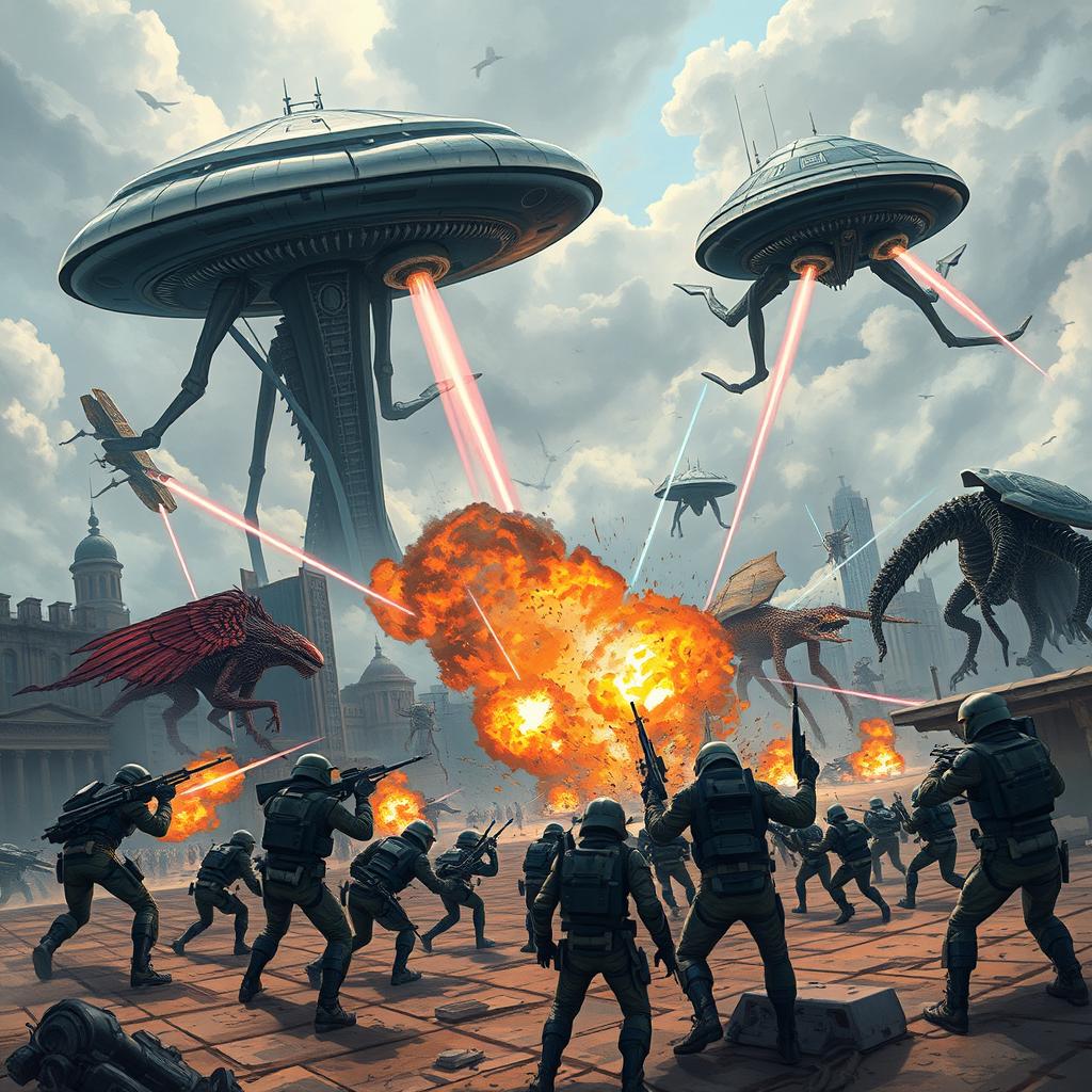 A dramatic and epic scene depicting an alien invasion of Earth, showcasing towering futuristic alien spacecraft hovering over a vibrant cityscape
