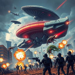 A dramatic and epic scene depicting an alien invasion of Earth, showcasing towering futuristic alien spacecraft hovering over a vibrant cityscape