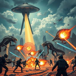A dramatic and epic scene depicting an alien invasion of Earth, showcasing towering futuristic alien spacecraft hovering over a vibrant cityscape