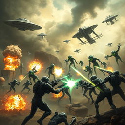 A dramatic scene depicting an epic battle between green aliens and humans on Earth