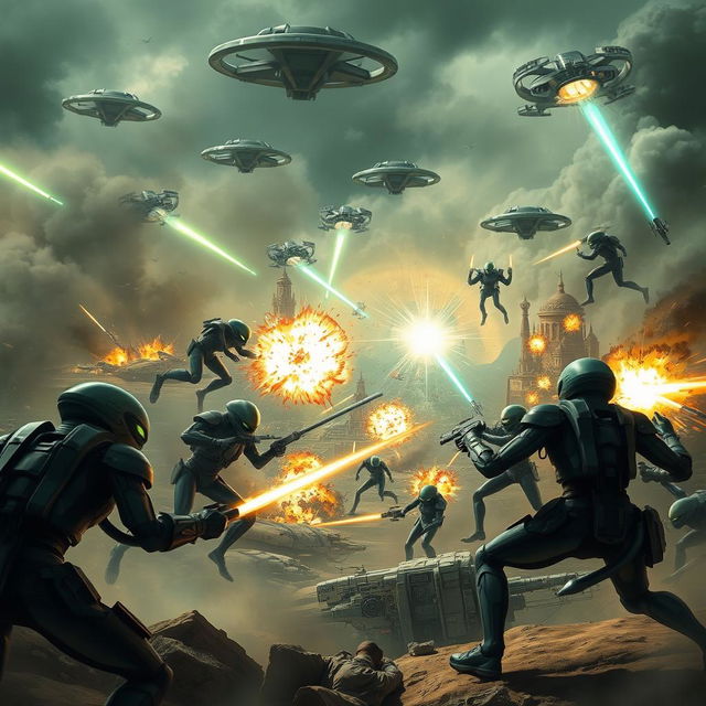 A dramatic scene depicting an epic battle between green aliens and humans on Earth