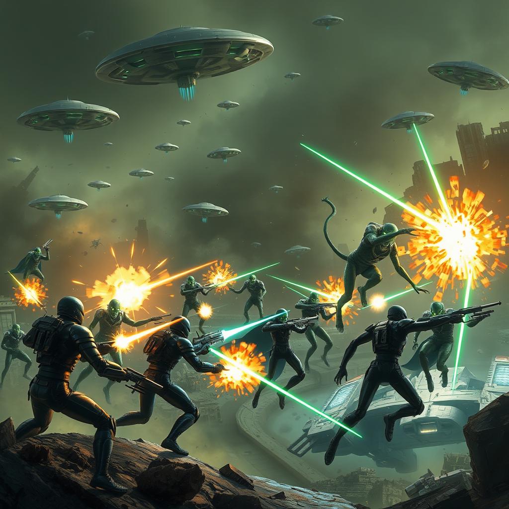 A dramatic scene depicting an epic battle between green aliens and humans on Earth