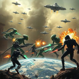 A dramatic scene depicting an epic battle between green aliens and humans on Earth