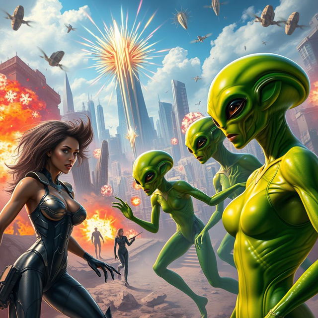 A vibrant and dynamic scene depicting the battle between green aliens and beautiful humans on Earth