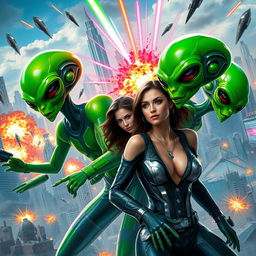 A vibrant and dynamic scene depicting the battle between green aliens and beautiful humans on Earth