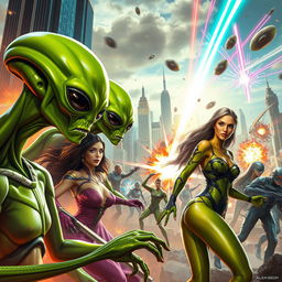 A vibrant and dynamic scene depicting the battle between green aliens and beautiful humans on Earth