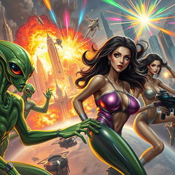 A vibrant and dynamic scene depicting the battle between green aliens and beautiful humans on Earth
