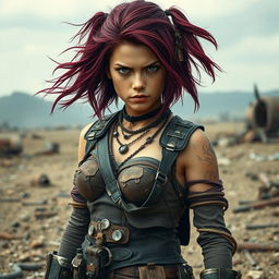Lee, a fierce female raider with striking burgundy-colored hair, stands defiantly in a post-apocalyptic landscape