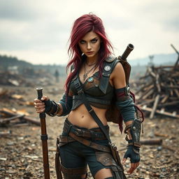 Lee, a fierce female raider with striking burgundy-colored hair, stands defiantly in a post-apocalyptic landscape