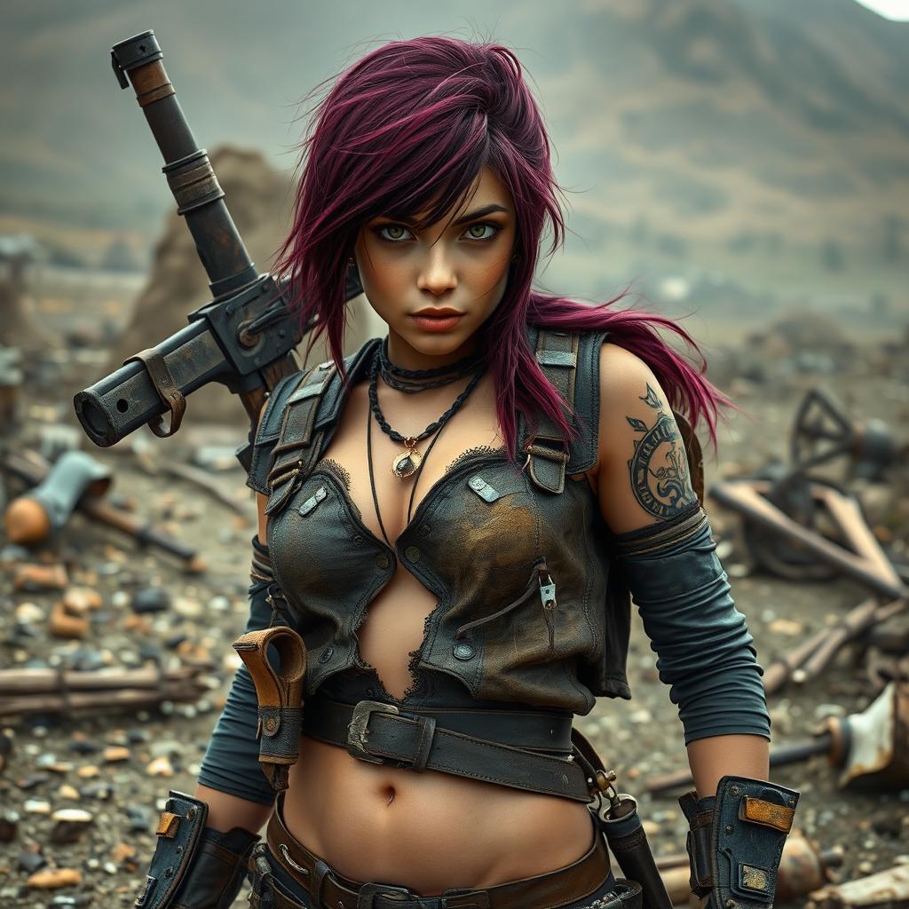 Lee, a fierce female raider with striking burgundy-colored hair, stands defiantly in a post-apocalyptic landscape