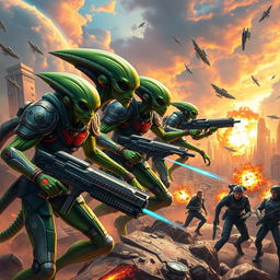 A stunning and vibrant scene depicting an epic battle between beautiful green aliens and humans on Earth