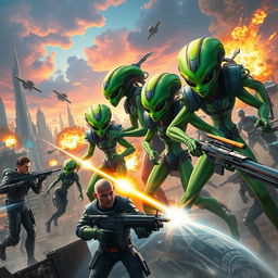 A stunning and vibrant scene depicting an epic battle between beautiful green aliens and humans on Earth