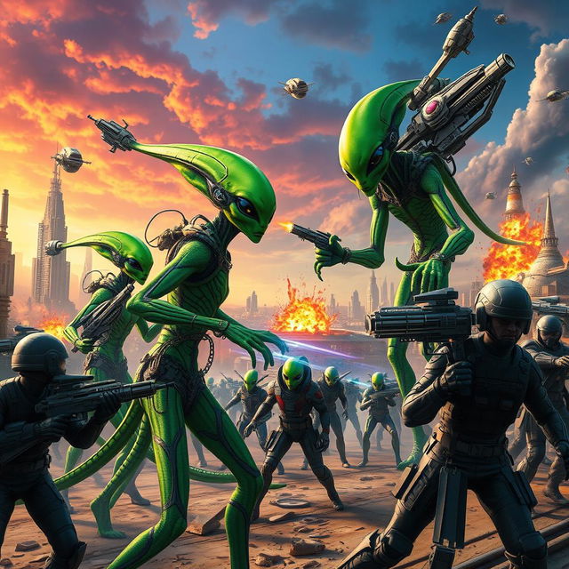 A stunning and vibrant scene depicting an epic battle between beautiful green aliens and humans on Earth