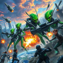 A stunning and vibrant scene depicting an epic battle between beautiful green aliens and humans on Earth
