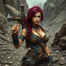 Lee, a mixed-race female raider with vibrant burgundy-colored hair, stands confidently in a rugged, post-apocalyptic landscape