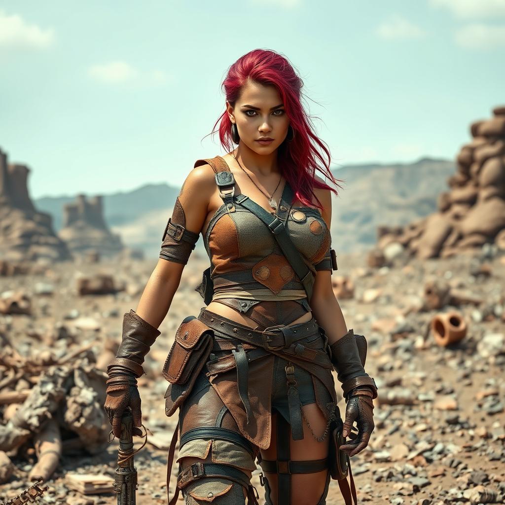 Lee, a mixed-race female raider with vibrant burgundy-colored hair, stands confidently in a rugged, post-apocalyptic landscape