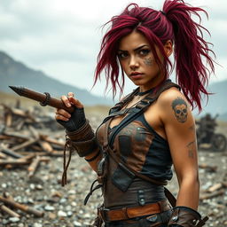 Lee, a mixed-race female raider with vibrant burgundy-colored hair, stands confidently in a rugged, post-apocalyptic landscape