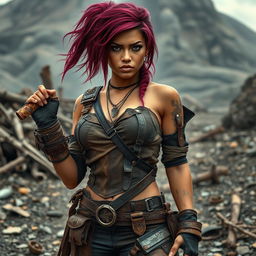 Lee, a mixed-race female raider with vibrant burgundy-colored hair, stands confidently in a rugged, post-apocalyptic landscape