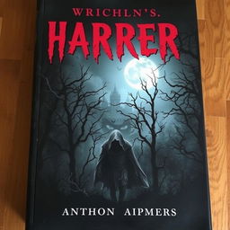 A chilling horror book cover featuring a dark, eerie forest under a full moon