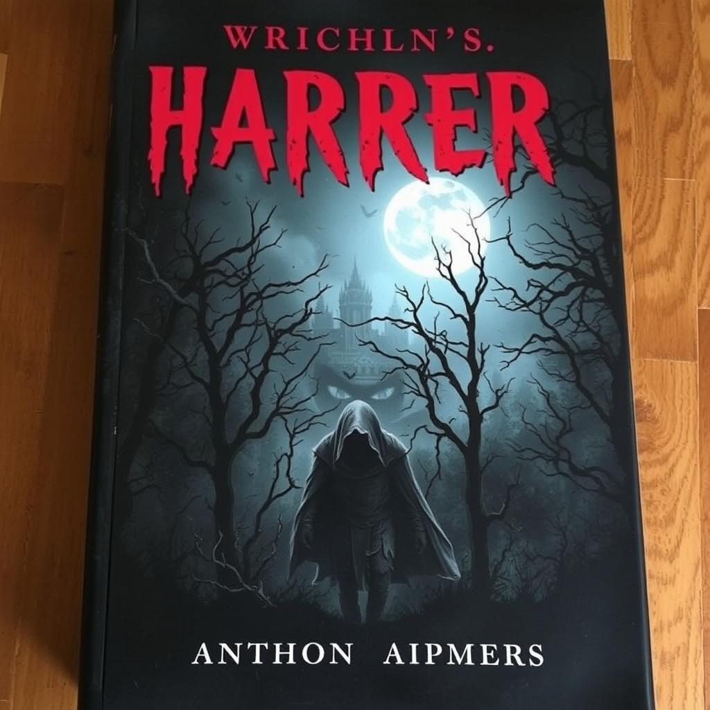 A chilling horror book cover featuring a dark, eerie forest under a full moon