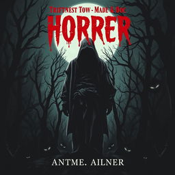 A chilling horror book cover featuring a dark, eerie forest under a full moon