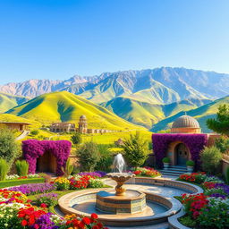 A vibrant and picturesque landscape of Iran, showcasing lush green hills and ancient architecture