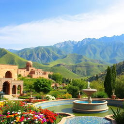 A vibrant and picturesque landscape of Iran, showcasing lush green hills and ancient architecture