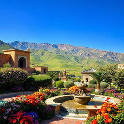 A vibrant and picturesque landscape of Iran, showcasing lush green hills and ancient architecture