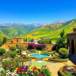 A vibrant and picturesque landscape of Iran, showcasing lush green hills and ancient architecture