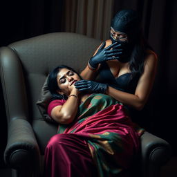 Two sexy Indian women, Sara and Tara, depicted in a dramatic and alluring scene