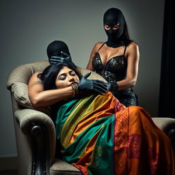 Two sexy Indian women, Sara and Tara, depicted in a dramatic and alluring scene
