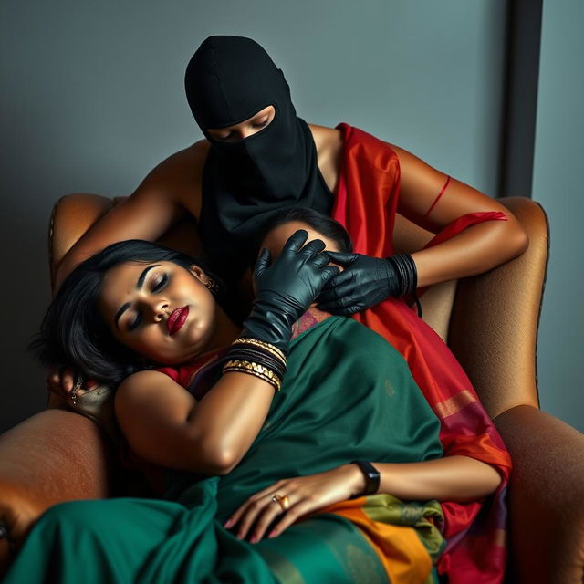 Two sexy Indian women, Sara and Tara, depicted in a dramatic and alluring scene