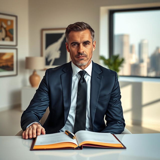 A serious man sitting in a minimalist, modern office