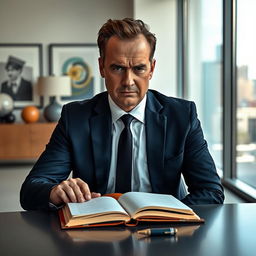 A serious man sitting in a minimalist, modern office