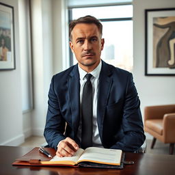 A serious man sitting in a minimalist, modern office