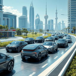 A futuristic vision of Iranian cars in 100 years, showcasing advanced technology and sleek designs