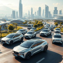 A futuristic vision of Iranian cars in 100 years, showcasing advanced technology and sleek designs
