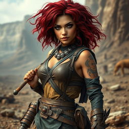 Lee, a mixed-race female raider with vibrant burgundy-colored hair, stands confidently in a rugged, desolate environment