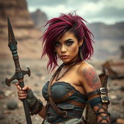 Lee, a mixed-race female raider with vibrant burgundy-colored hair, stands confidently in a rugged, desolate environment