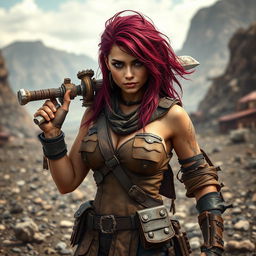 Lee, a mixed-race female raider with vibrant burgundy-colored hair, stands confidently in a rugged, desolate environment