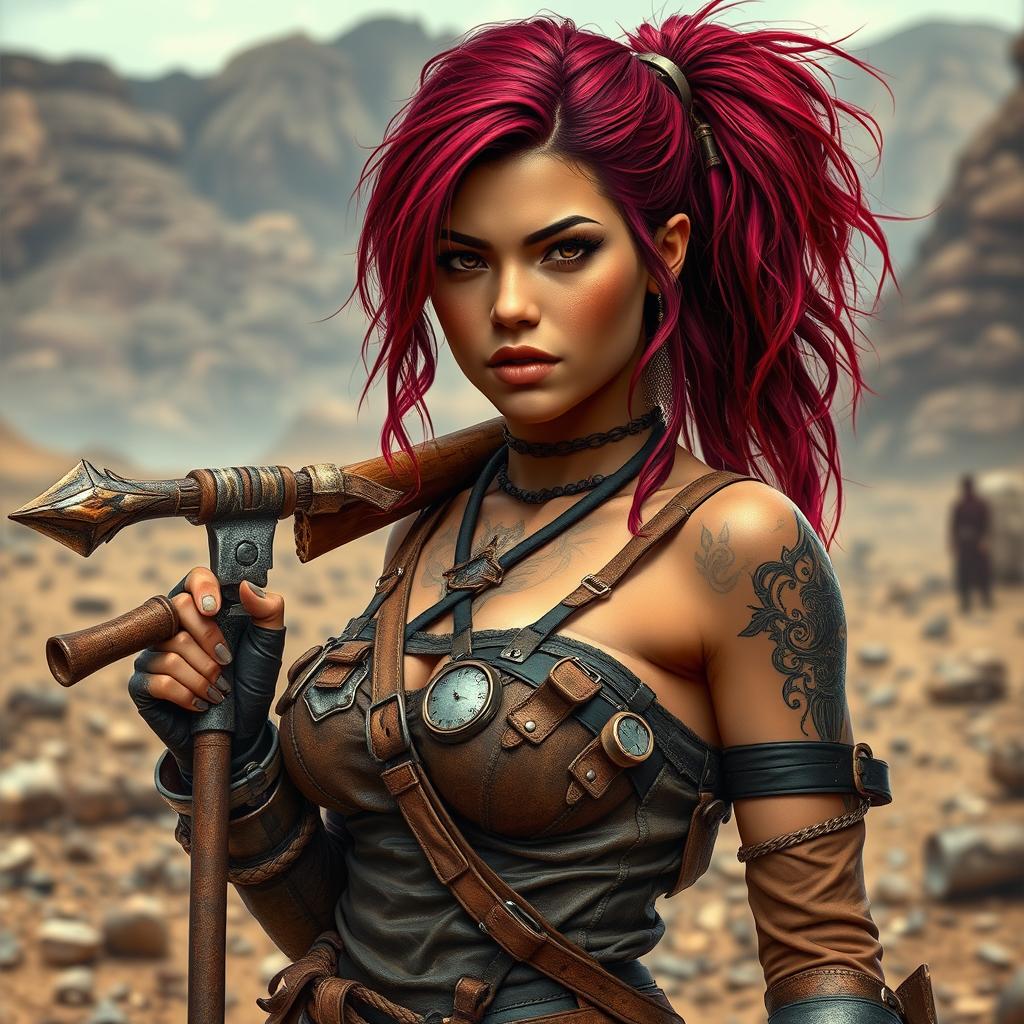 Lee, a mixed-race female raider with vibrant burgundy-colored hair, stands confidently in a rugged, desolate environment