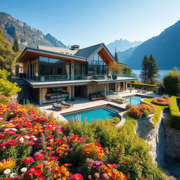 The most beautiful house in the world, showcasing stunning architecture with large glass windows, surrounded by lush, vibrant gardens filled with colorful flowers