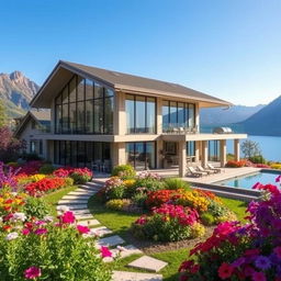 The most beautiful house in the world, showcasing stunning architecture with large glass windows, surrounded by lush, vibrant gardens filled with colorful flowers